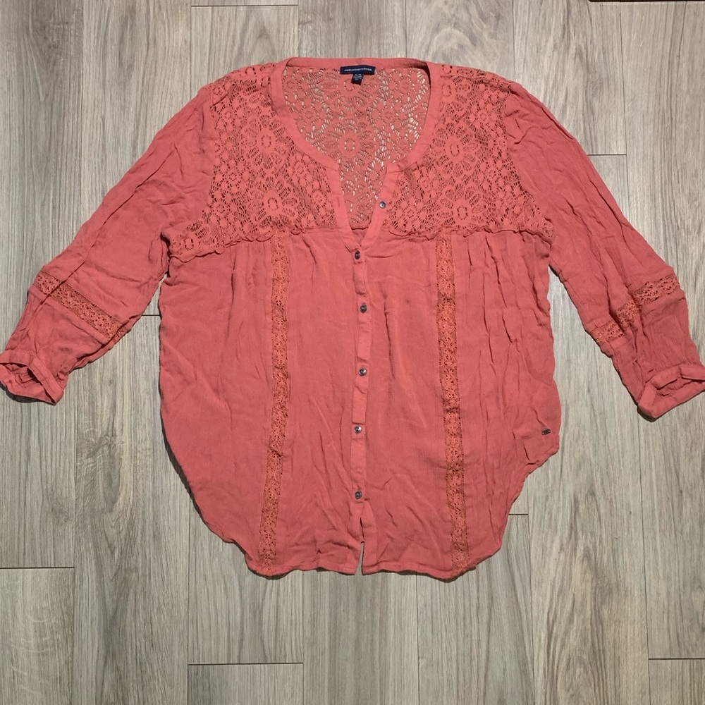 American Eagle Button Up Blouse w/ Flower Lace, Dusty Rose, XL